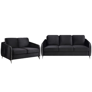Pemberly Row Black Velvet Sofa and Loveseat Set with Chrome Trim and Legs