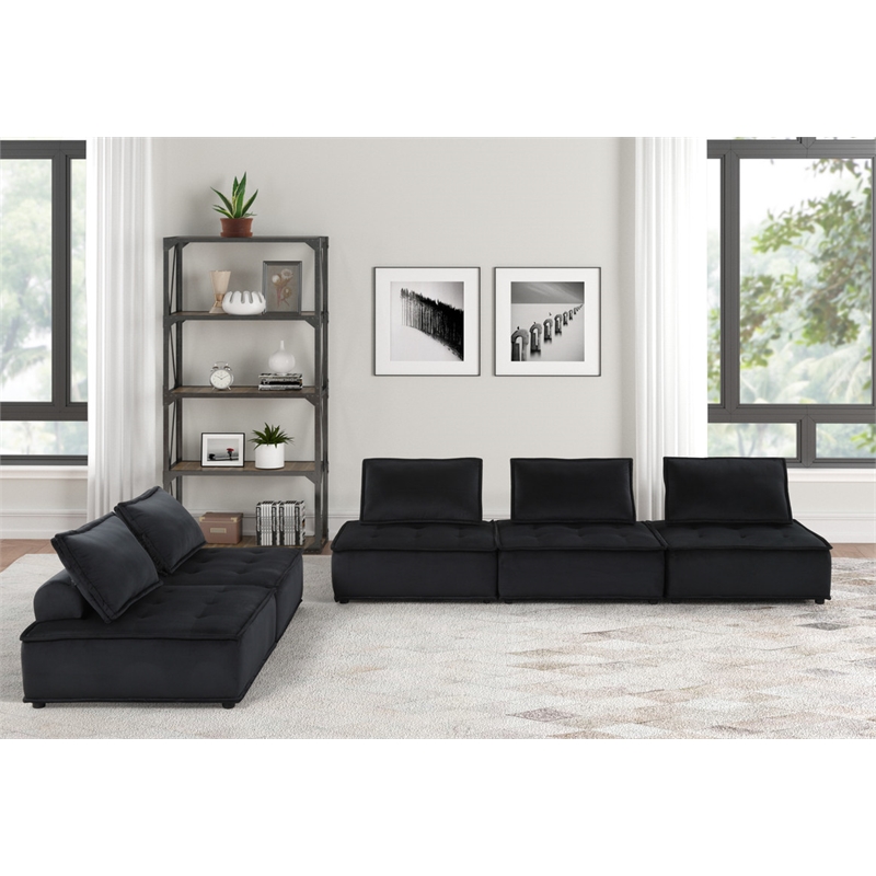 Pemberly Row Velvet 5-Piece Modular Sofa and Loveseat with Tufted Seat in Black