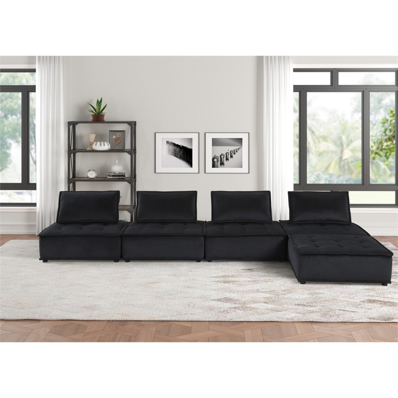 Pemberly Row Velvet 5-Piece Modular Sofa and Loveseat with Tufted Seat in Black