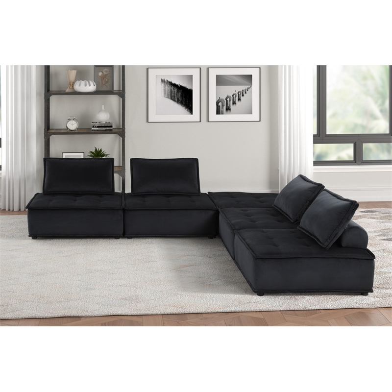 Pemberly Row Velvet 5-Piece Modular Sofa and Loveseat with Tufted Seat in Black