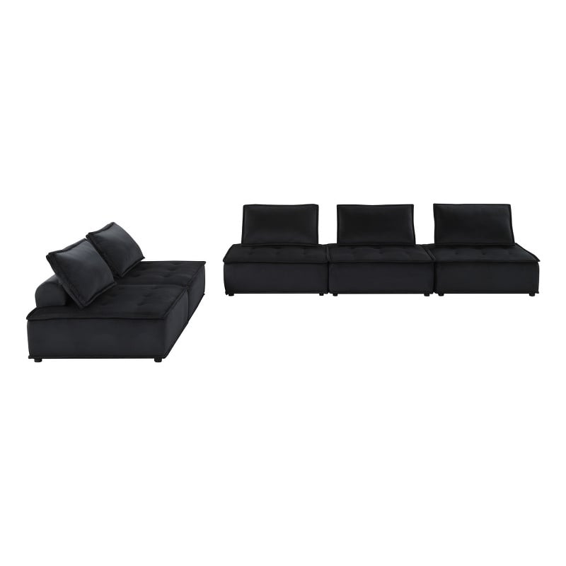 Pemberly Row Velvet 5-Piece Modular Sofa and Loveseat with Tufted Seat in Black