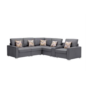 Pemberly Row Gray Fabric Reversible Sectional with Charging Ports and Console