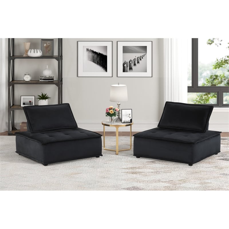 Pemberly Row Set of 2 Black Velvet Armless Tufted Lounge Chairs