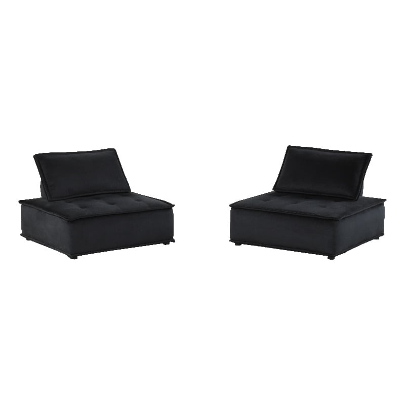 Pemberly Row Set of 2 Black Velvet Armless Tufted Lounge Chairs