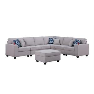 Pemberly Row Light Gray Linen 7-Piece Reversible Sectional with Ottoman