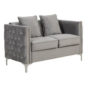 Pemberly Row Gray Velvet Button Tufted Loveseat with Nailhead Trim and Pillows