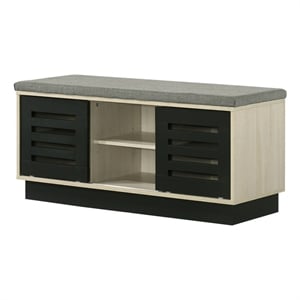 Pemberly Row 38.5&quot Oak Shoe Cabinet with Sliding Doors and Upholstered Top
