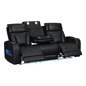 Pemberly Row 84&quot Black Faux Leather Power Reclining Sofa with LED and USB