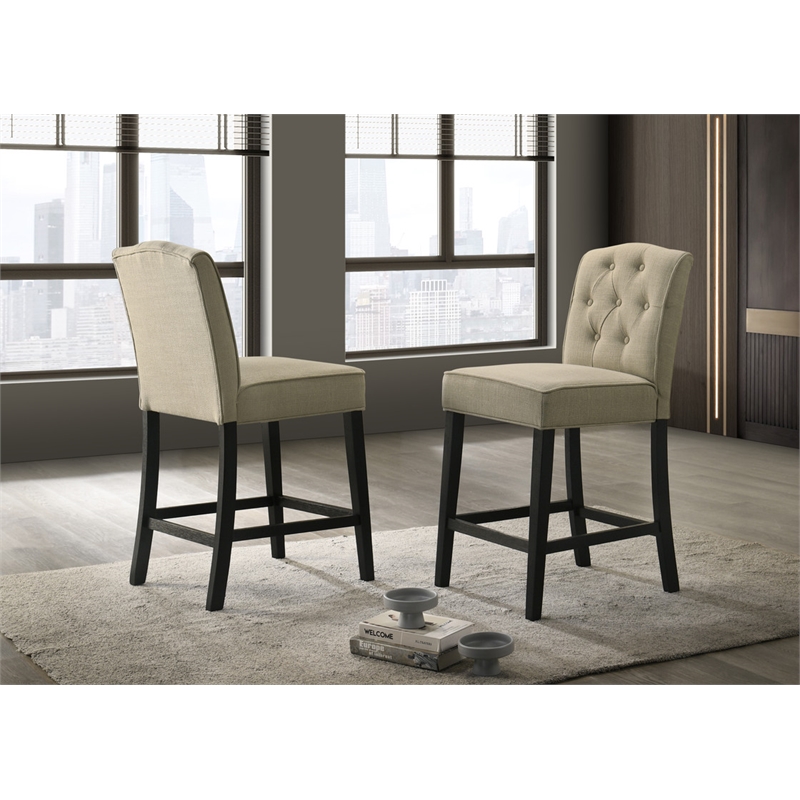Pemberly Row Set of 2 Beige Fabric Counter Height Chairs in Black Finish
