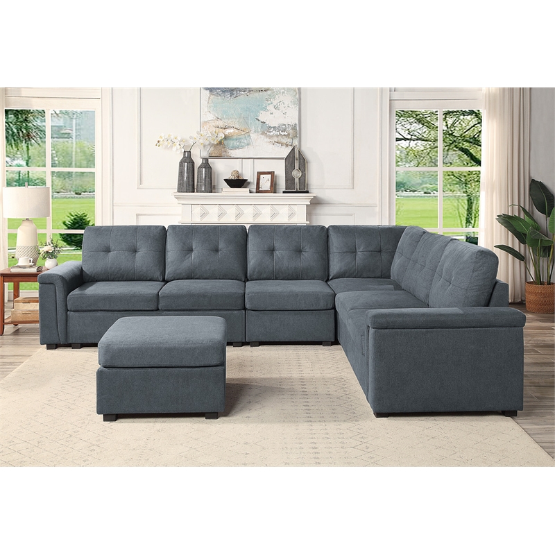 Pemberly Row Gray Woven Fabric 7-Seater Corner Sectional Sofa with Ottoman