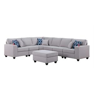 Pemberly Row Light Gray Linen Reversible Sectional with Ottoman and Cupholders