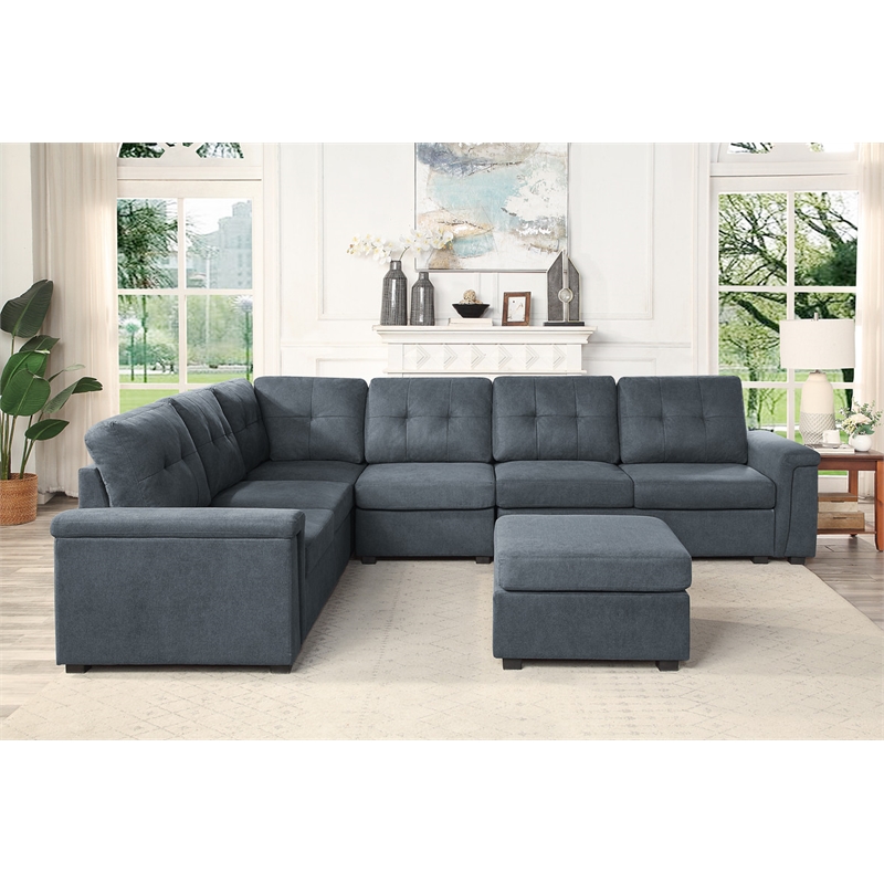 Pemberly Row Gray Woven Fabric 7-Seater Corner Sectional with Ottoman