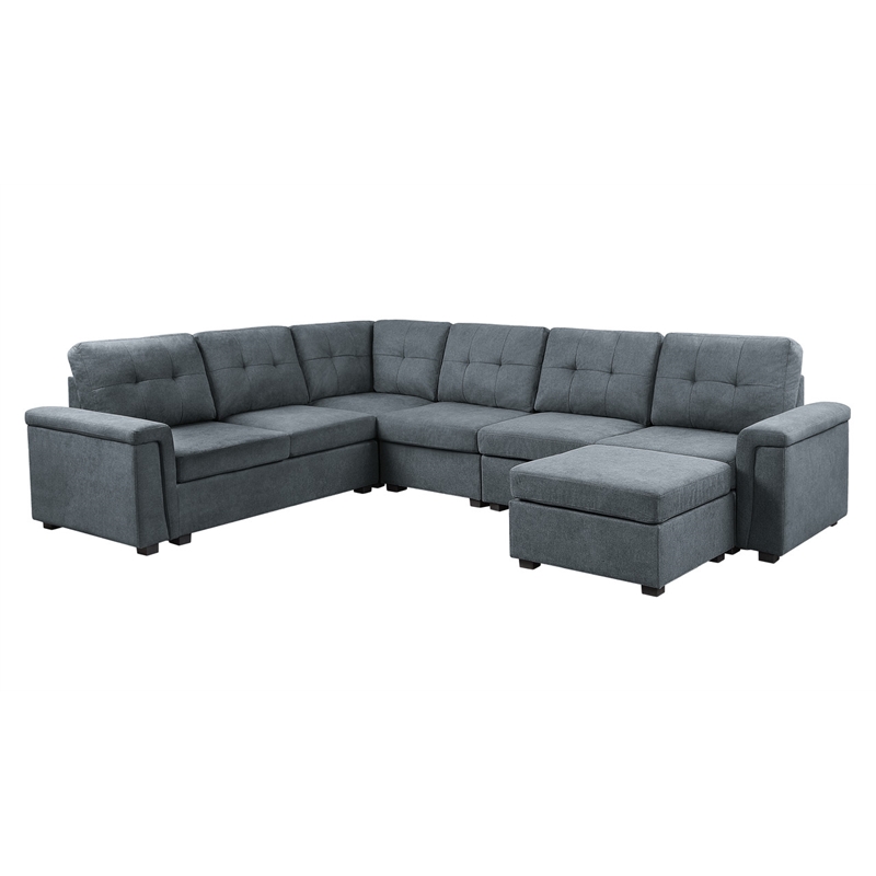 Pemberly Row Gray Woven Fabric 7-Seater Corner Sectional with Ottoman