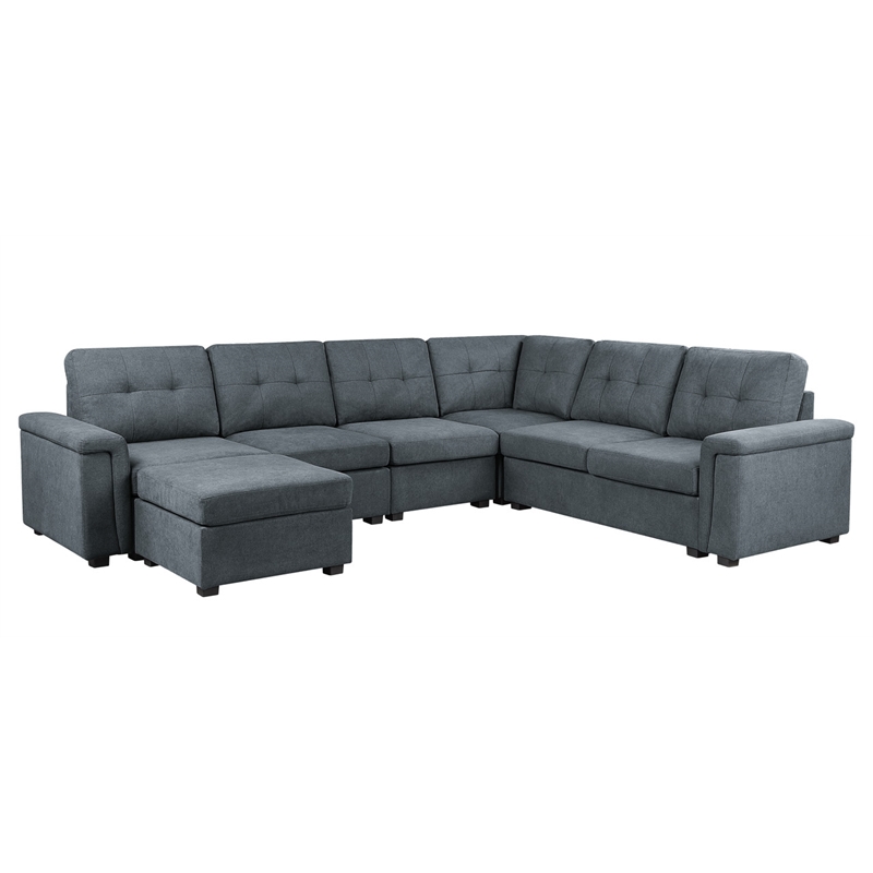 Pemberly Row Gray Woven Fabric 7-Seater Corner Sectional with Ottoman