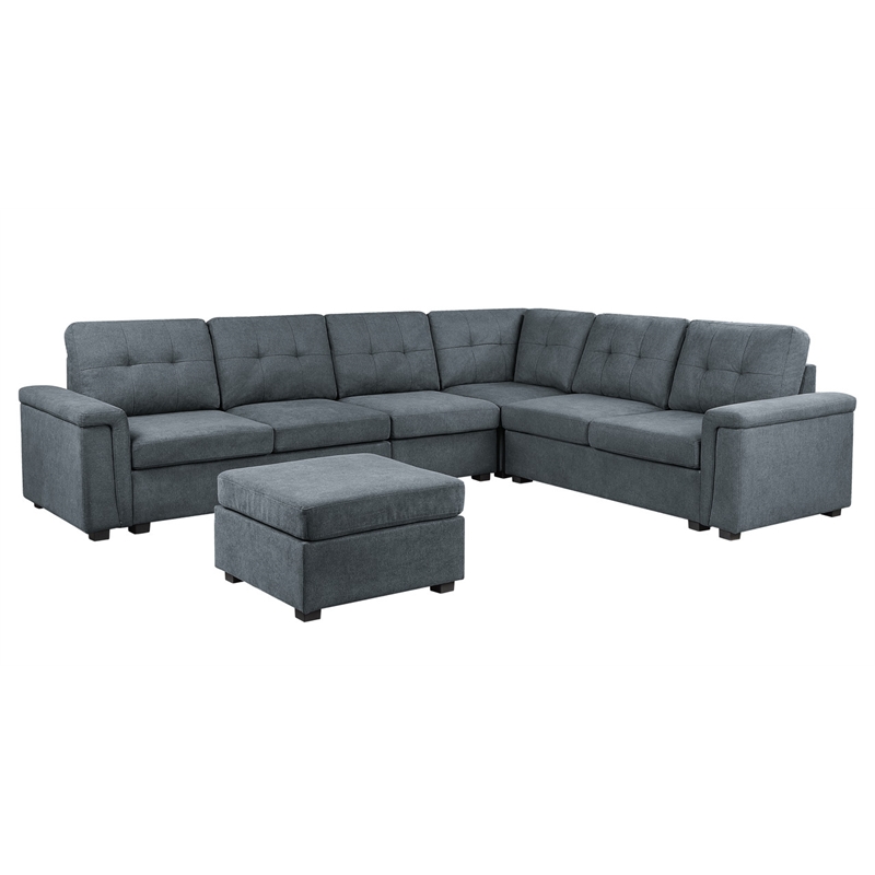 Pemberly Row Gray Woven Fabric 7-Seater Corner Sectional with Ottoman