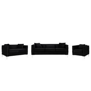 Pemberly Row Black Velvet 3-Piece Sofa Loveseat and Chair Living Room Set