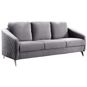 Pemberly Row Gray Velvet Diamond Stitched Sofa with Chrome Metal Legs