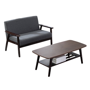 Pemberly Row Espresso Coffee Table and Dark Gray Linen Loveseat Set