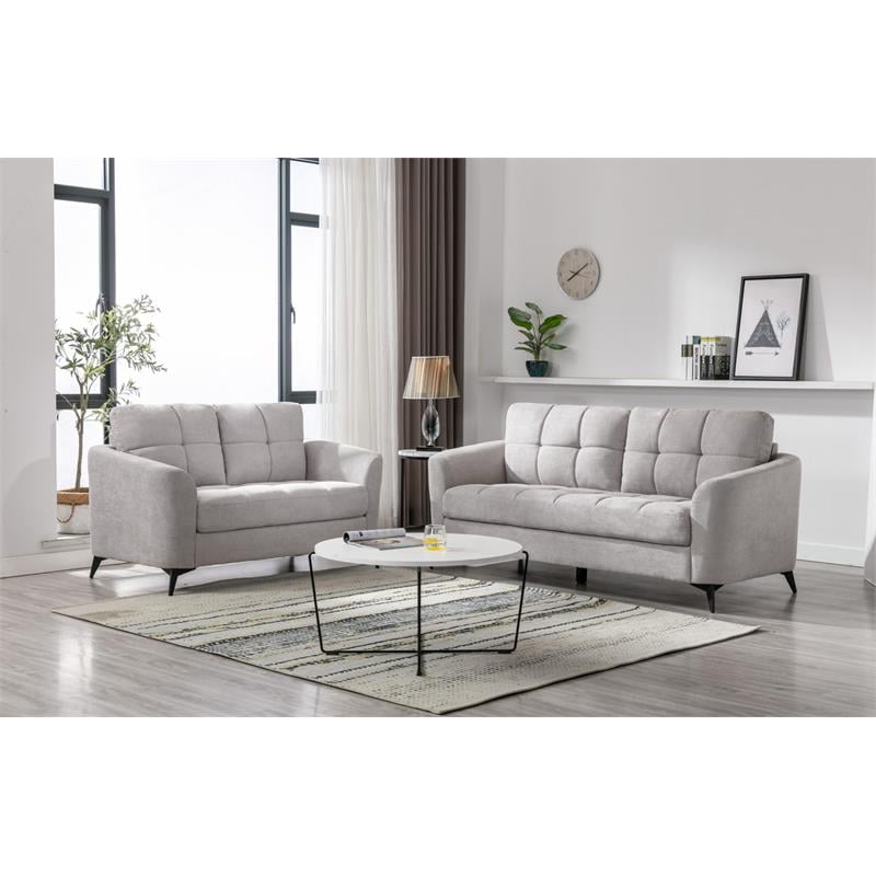Pemberly Row Light Gray Woven Fabric Tufted Sofa and Loveseat Living Room Set