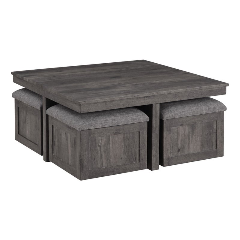 Pemberly Row Brown Rustic Wood Coffee Table with 4 Upholstered Storage Stools