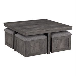 Pemberly Row Brown Rustic Wood Coffee Table with 4 Upholstered Storage Stools