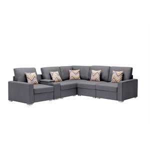 Pemberly Row Gray Linen Reversible Sectional with Charging Ports and Console