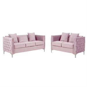 Pemberly Row Pink Velvet Button Tufted Sofa and Loveseat Set with Nailhead Trim