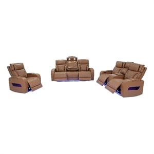 Pemberly Row Light Brown Faux Leather 3-Piece Power Reclining Set with LED