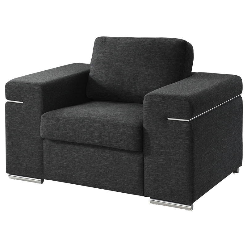 Pemberly Row Black Linen Fabric Armchair with Brushed Stainless Steel Legs