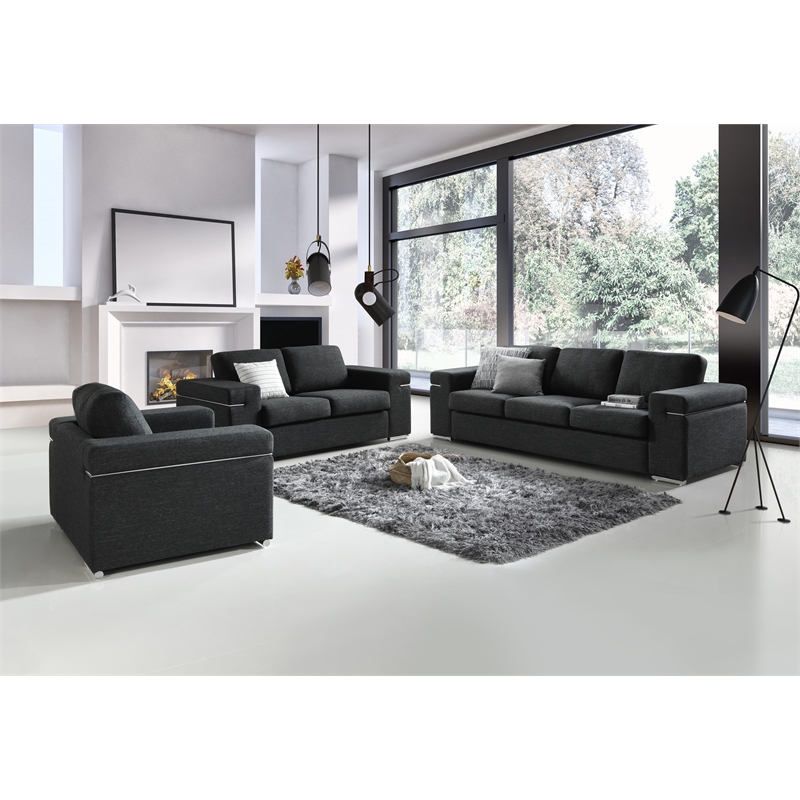 Pemberly Row Black Linen Fabric Armchair with Brushed Stainless Steel Legs