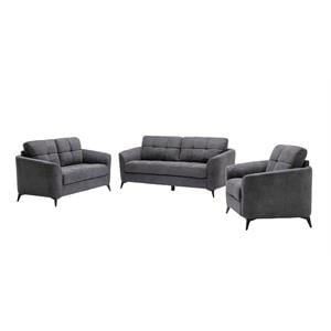 Pemberly Row Gray Woven Fabric Tufted Living Room Set with Sofa Loveseat & Chair