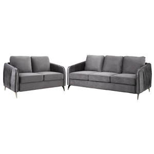 Pemberly Row Gray Velvet Sofa and Loveseat Set with Chrome Metal Trim and Legs