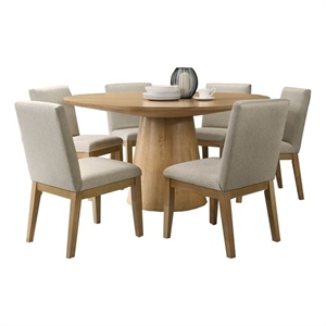 Pemberly Row Driftwood 59&quot Round 7-Piece Dining Table Set with Fabric Chairs