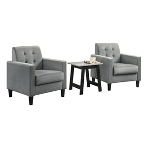 Pemberly Row Light Gray Velvet Tufted Armchairs and End Table Living Room Set