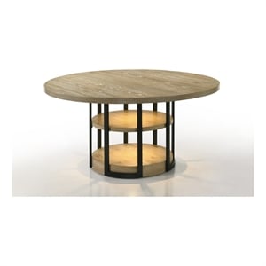 Pemberly Row 59&quot Round Rustic Oak Dining Table with LED Light and Metal Frame
