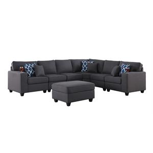 Pemberly Row Dark Gray Linen 7-Piece Reversible Sectional with Ottoman