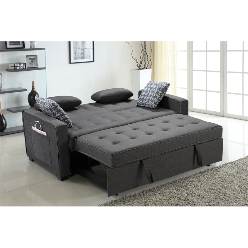 Pemberly Row Gray Fabric Sleeper Sofa with 2 USB Ports and 4 Accent Pillows