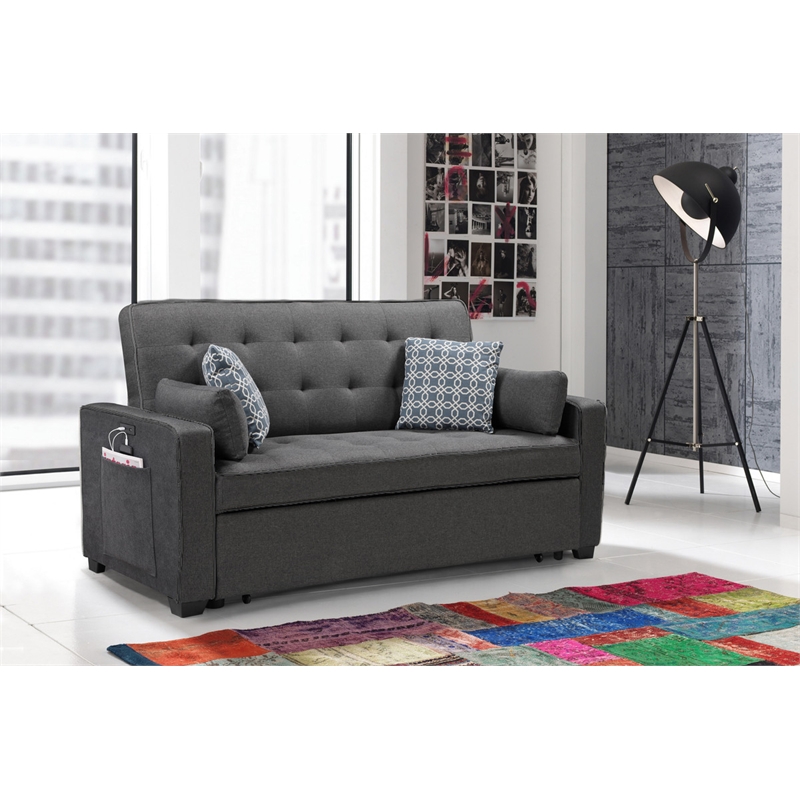 Pemberly Row Gray Fabric Sleeper Sofa with 2 USB Ports and 4 Accent Pillows