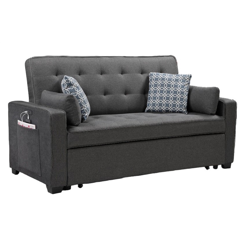 Pemberly Row Gray Fabric Sleeper Sofa with 2 USB Ports and 4 Accent Pillows