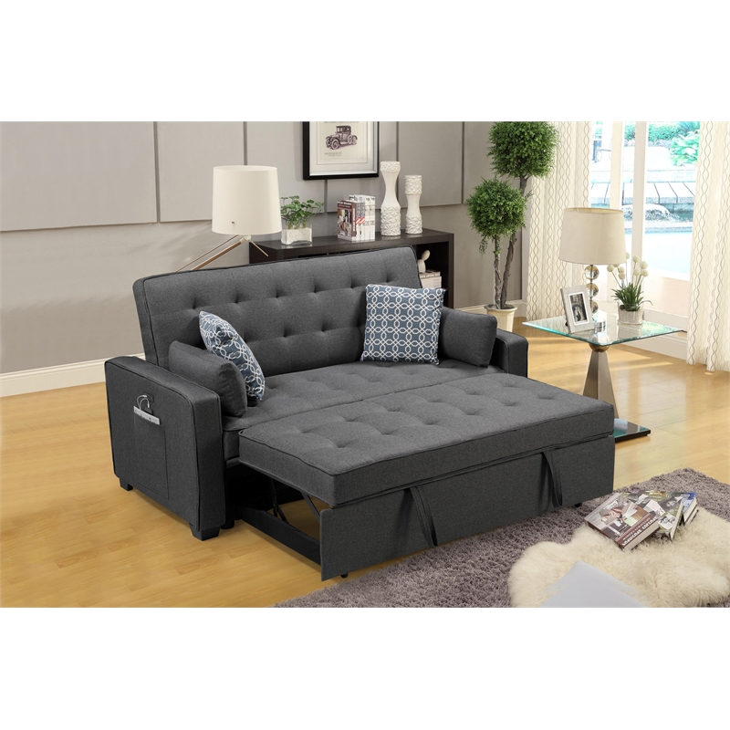 Pemberly Row Gray Fabric Sleeper Sofa with 2 USB Ports and 4 Accent Pillows