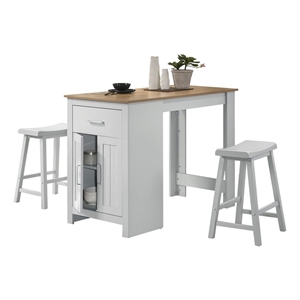 Pemberly Row Oak White Wood Counter Height 3-Piece Dining Table Set with Storage
