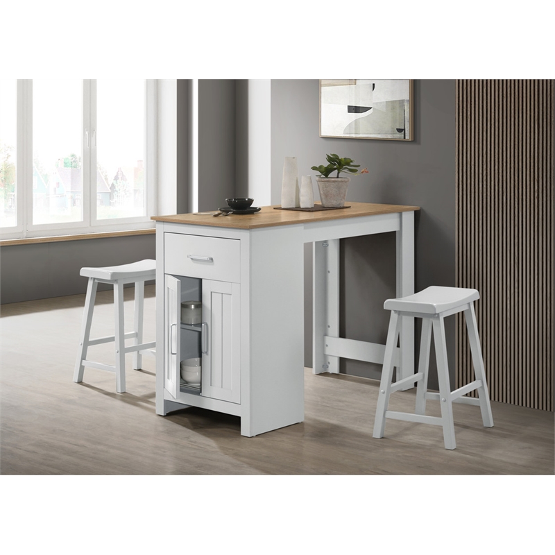 Pemberly Row Oak White Wood Counter Height 3-Piece Dining Table Set with Storage