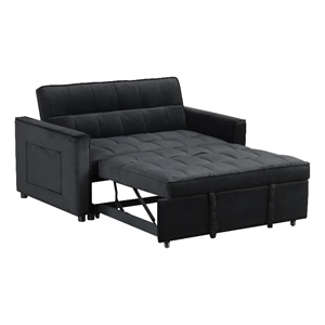 Pemberly Row 53.5&quot Black Velvet Convertible Sleeper Loveseat with Side Pockets