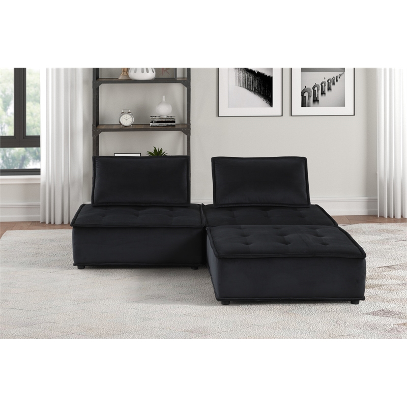 Pemberly Row Velvet 3-Piece Sectional Loveseat Ottoman in Black