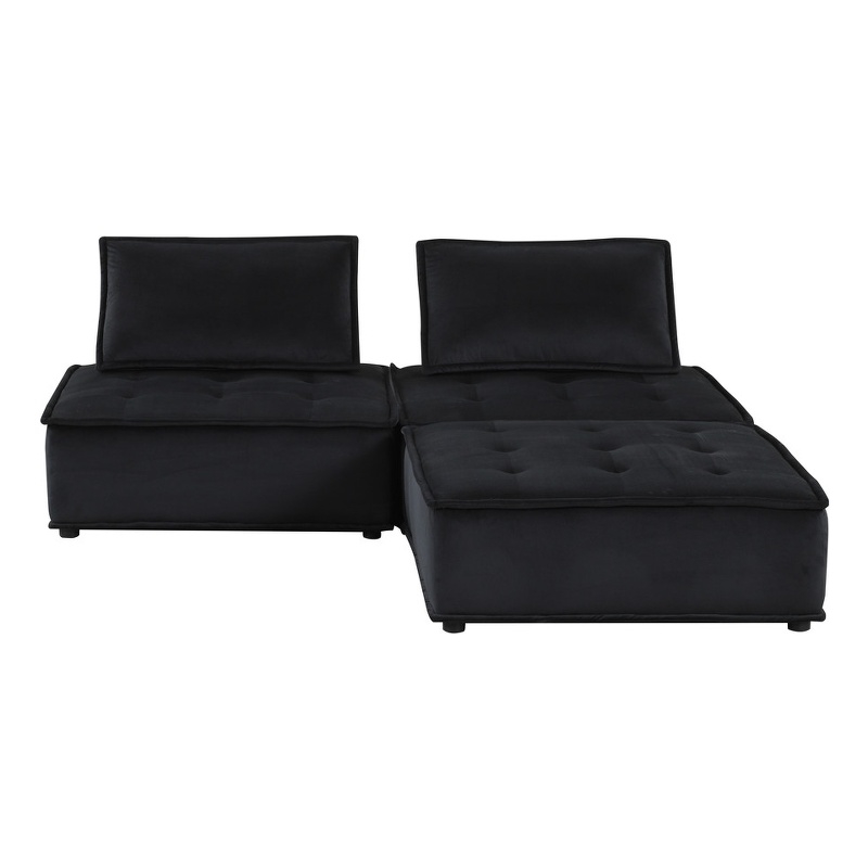 Pemberly Row Velvet 3-Piece Sectional Loveseat Ottoman in Black