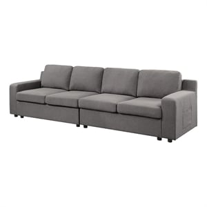 Pemberly Row Gray Linen 4-Seater Sofa with Pockets and Black Legs