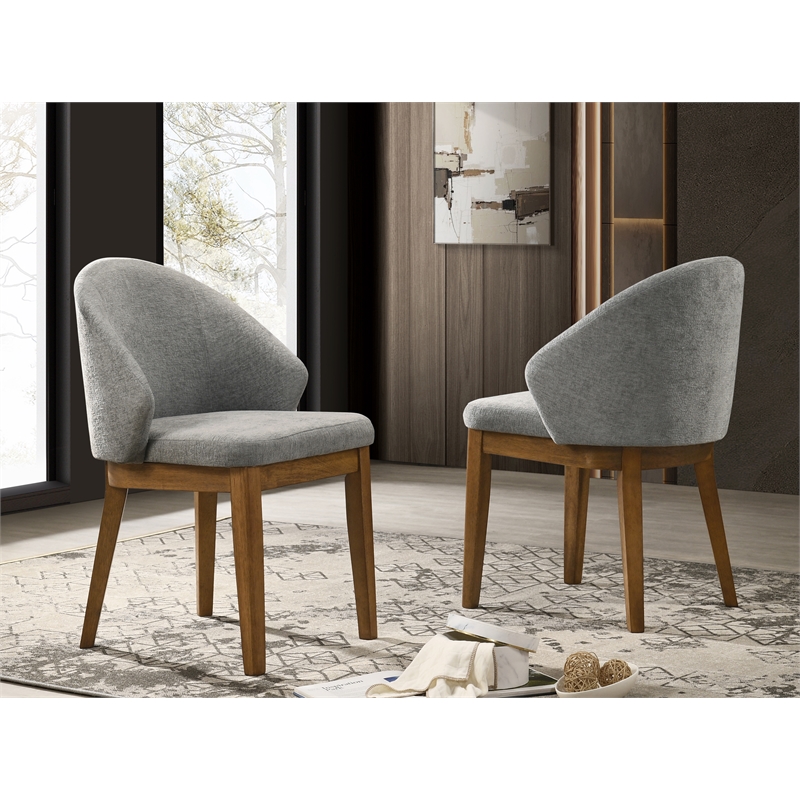 Pemberly Row Set of 2 Barrel-Back Dining Chairs in Light Gray with Walnut Legs