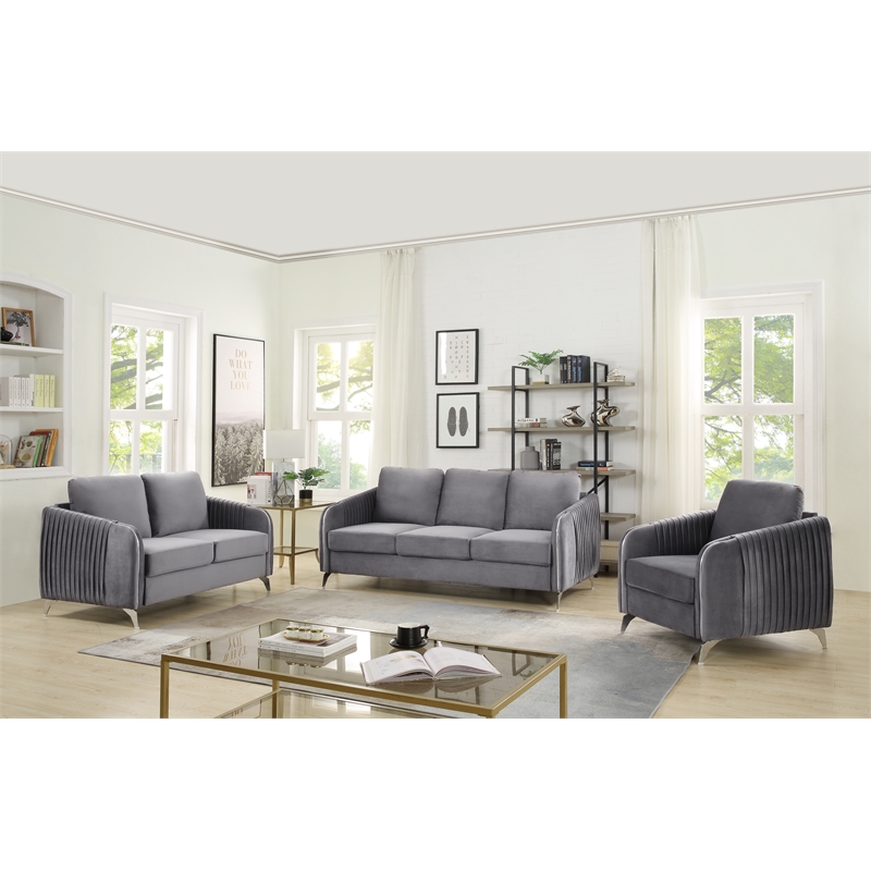 Pemberly Row Gray Velvet Modern Accent Arm Chair with Chrome Trim and Legs