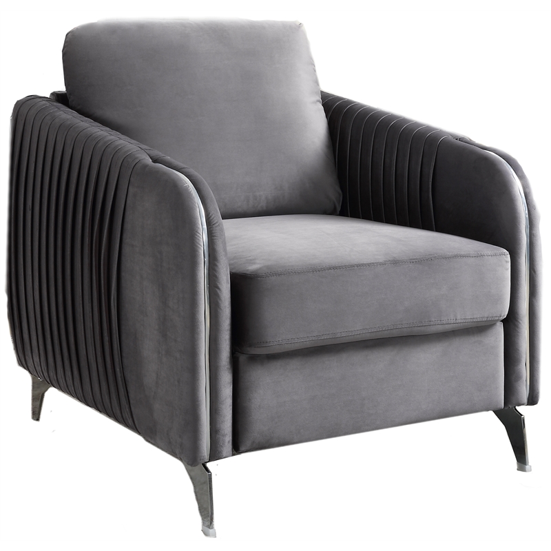 Pemberly Row Gray Velvet Modern Accent Arm Chair with Chrome Trim and Legs