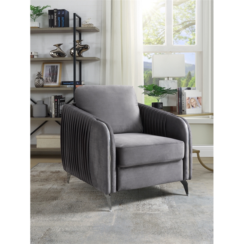 Pemberly Row Gray Velvet Modern Accent Arm Chair with Chrome Trim and Legs